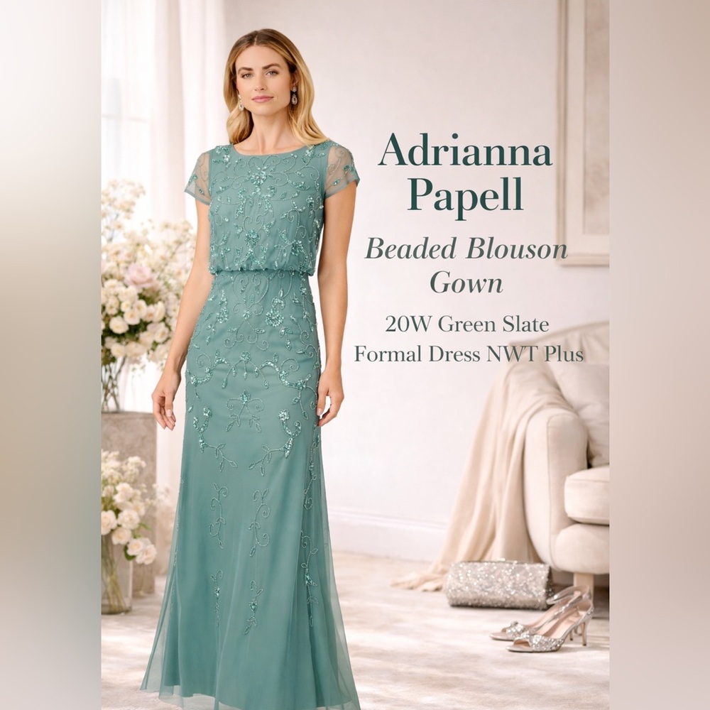 Adrianna Papell Green Beaded Blouson 20W Formal Dress Gown NWT Plus Size Formal - Picture 2 of 7